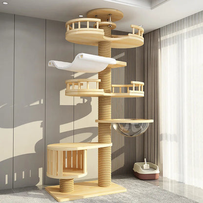 Arbre à chat haut en bois massif avec vasques miroir et niche à lattes