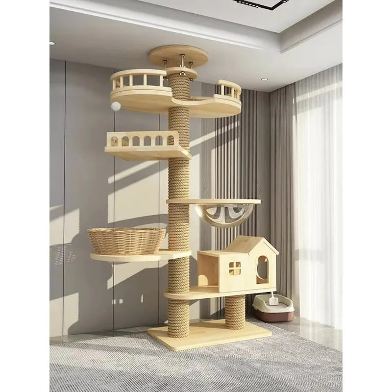 Arbre à chat haut en bois massif avec vasques miroir et niche à lattes