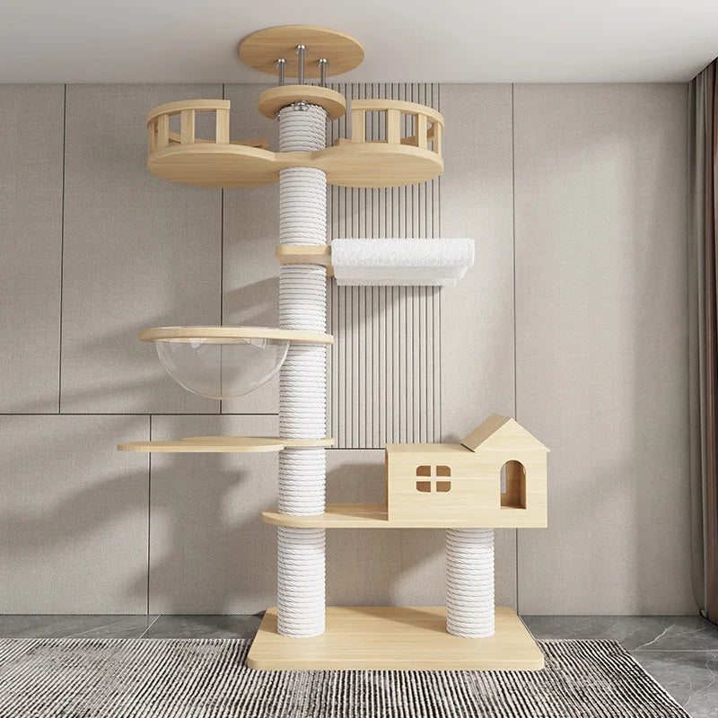 Arbre à chat haut en bois massif avec vasques miroir et niche à lattes