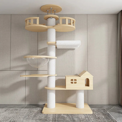 Arbre à chat haut en bois massif avec vasques miroir et niche à lattes