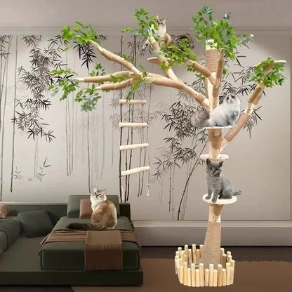 Arbre à Chat en Bois Naturel - Aire de Jeux, Escalade et Repos pour Chats