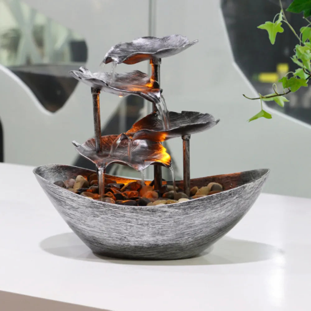 Fontaine Lotus 4 Niveaux LED – Bateau Zen USB, Cascade Circulante 28x15x25cm