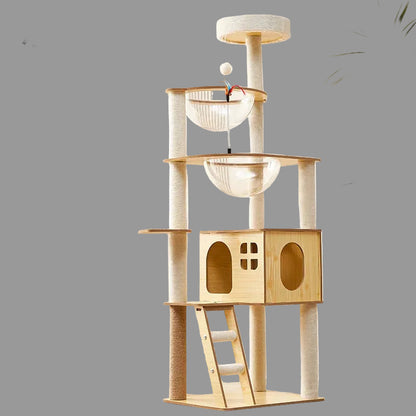 Arbre à chat en bois avec capsules transparentes et maisonnette cubique