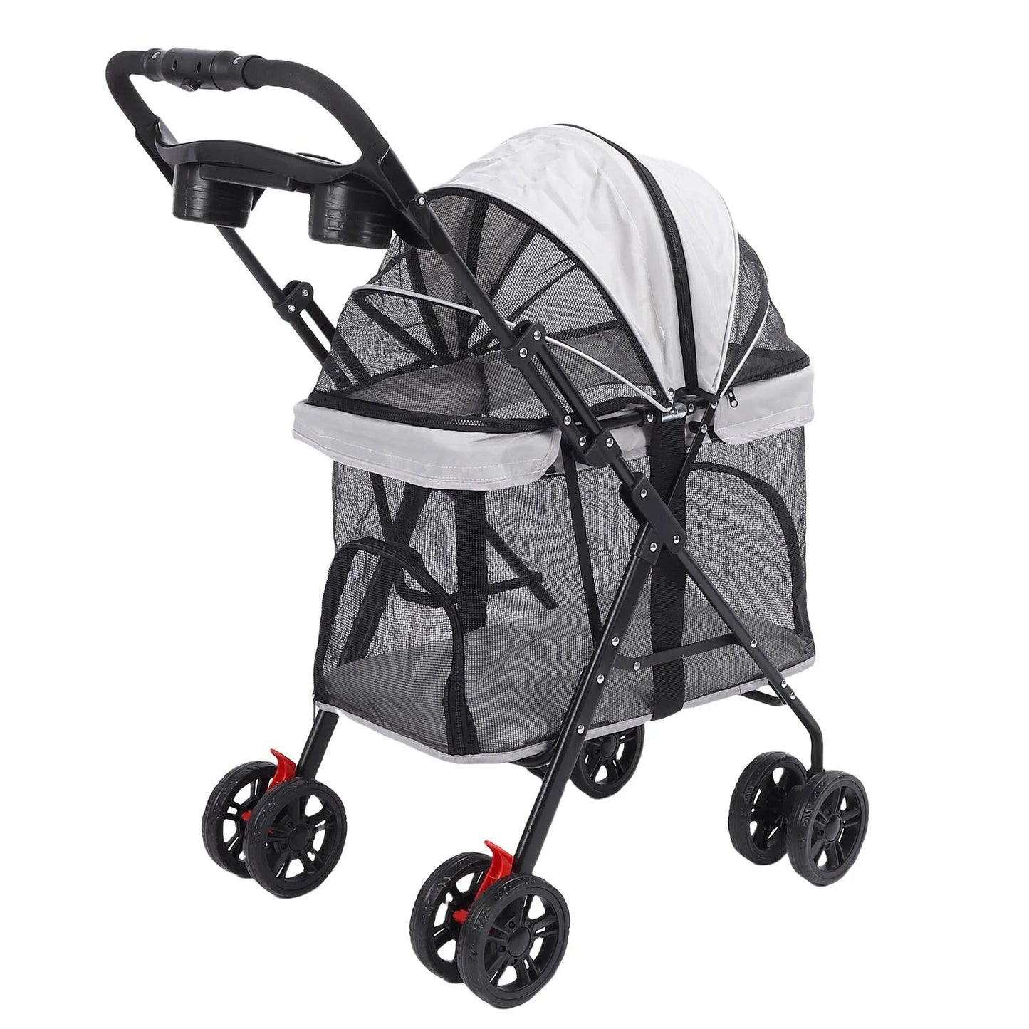 Poussette pour Chien et Chat – Pliage 1 Clic, 4 Roues, Pare-Soleil & Porte-Gobelet