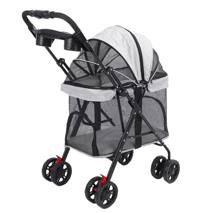 Poussette pour Chien et Chat – Pliage 1 Clic, 4 Roues, Pare-Soleil & Porte-Gobelet