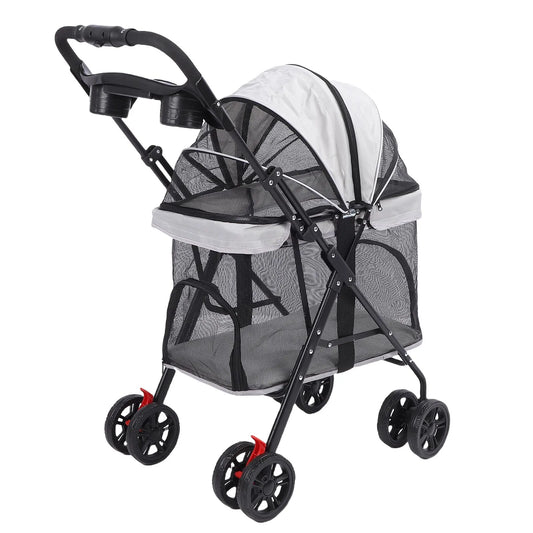 Poussette pour Chien et Chat – Pliage 1 Clic, 4 Roues, Pare-Soleil & Porte-Gobelet