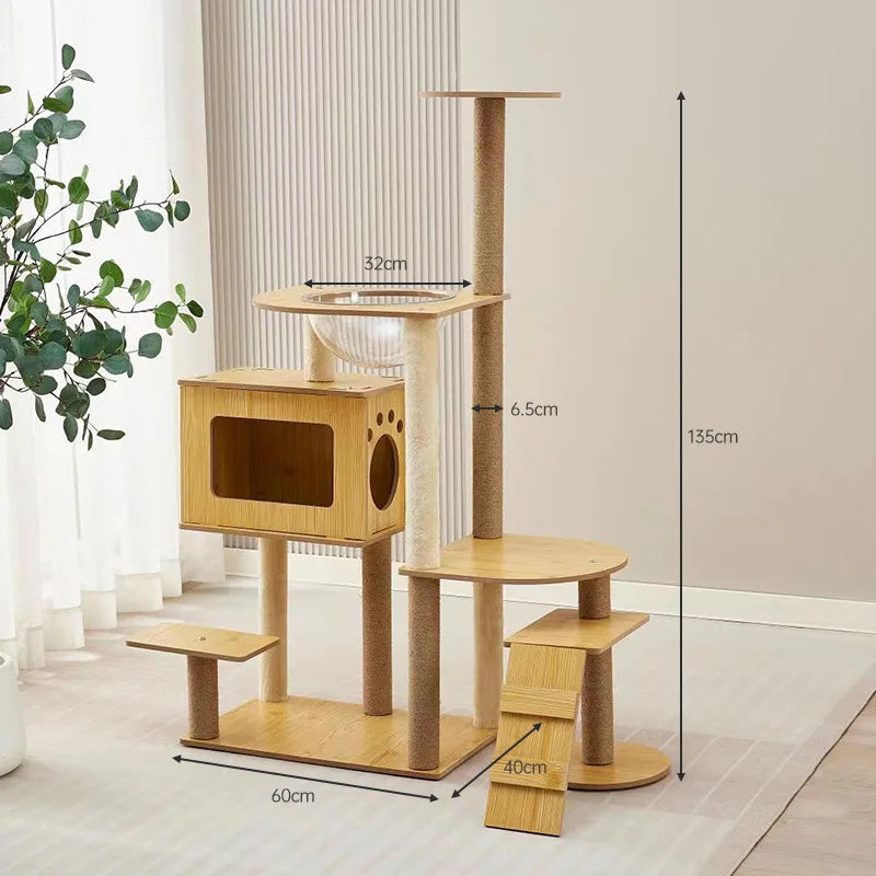 Arbre à chat en bois avec capsules transparentes et maisonnette cubique