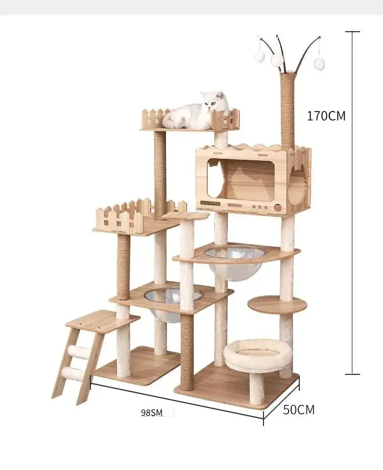 Tour à chat en bois multi-niveaux avec vasques et maisonnette à lattes