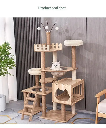 Tour à chat en bois multi-niveaux avec vasques et maisonnette à lattes