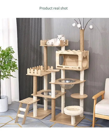 Tour à chat en bois multi-niveaux avec vasques et maisonnette à lattes