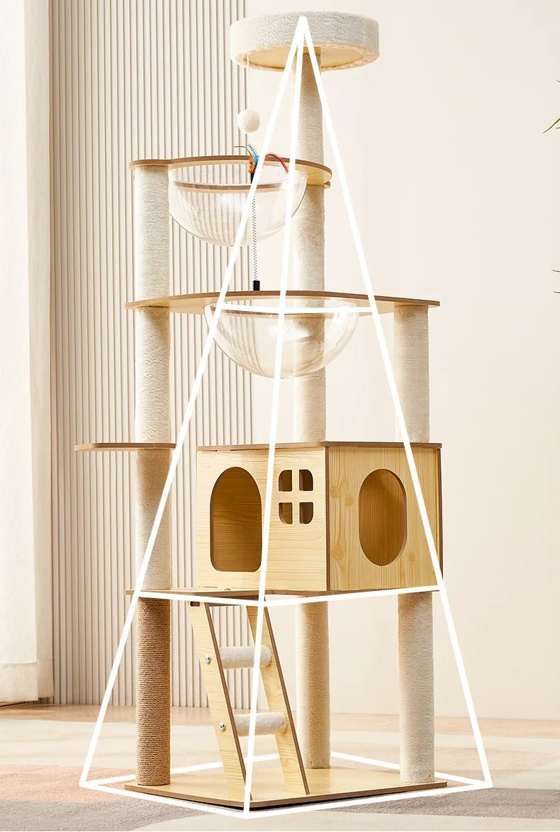 Arbre à chat en bois avec capsules transparentes et maisonnette cubique