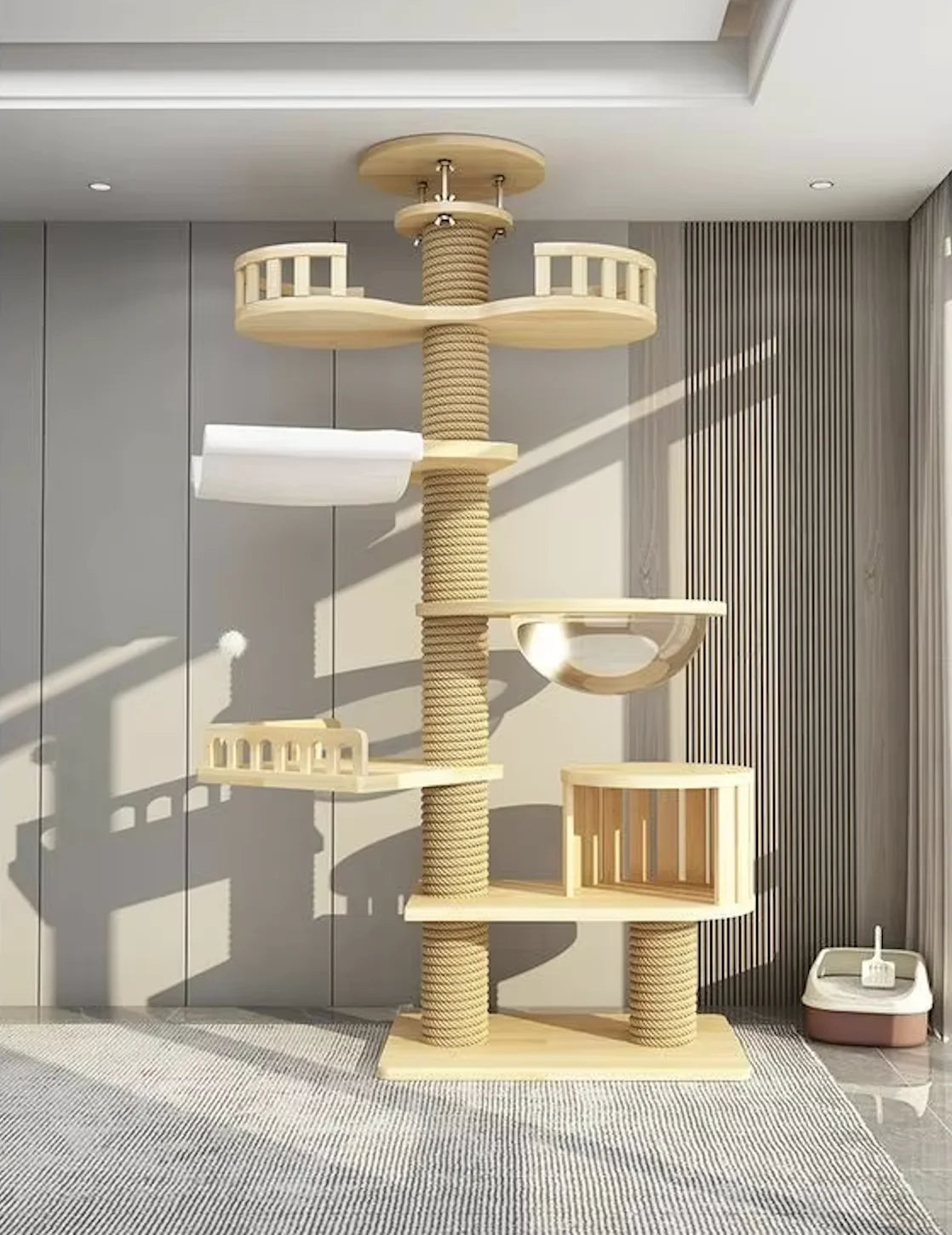 Arbre à chat haut en bois massif avec vasques miroir et niche à lattes