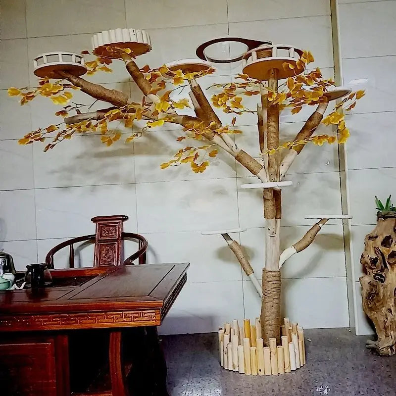 Arbre à Chat en Bois Naturel - Aire de Jeux, Escalade et Repos pour Chats