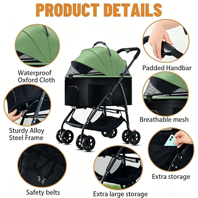 Poussette pour animaux 3en1 pliable avec nacelle détachable