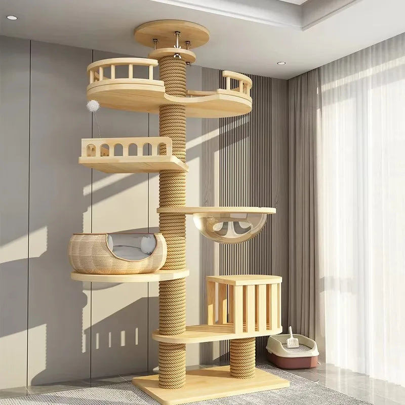 Arbre à chat haut en bois massif avec vasques miroir et niche à lattes