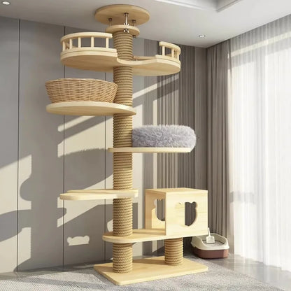 Arbre à chat haut en bois massif avec vasques miroir et niche à lattes