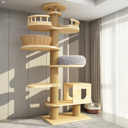 Arbre à chat haut en bois massif avec vasques miroir et niche à lattes
