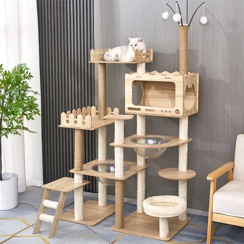 Tour à chat en bois multi-niveaux avec vasques et maisonnette à lattes