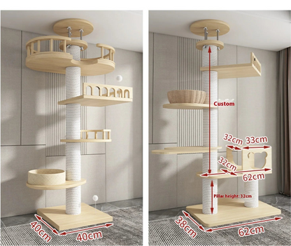 Arbre à chat haut en bois massif avec vasques miroir et niche à lattes