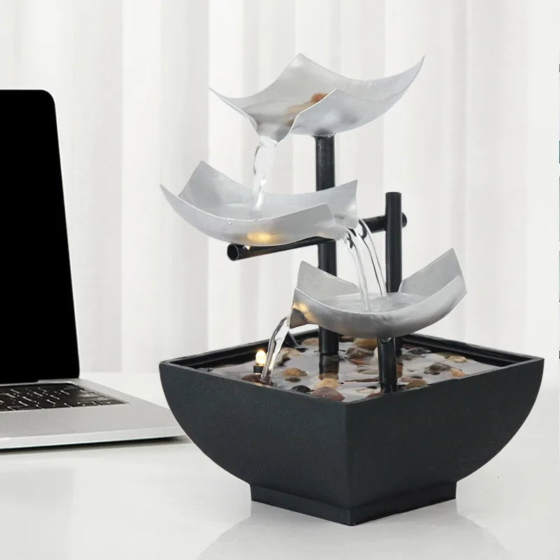 Fontaine de Bureau Feng Shui Fer – Paysage Zen, Cascade Apaisante 220V