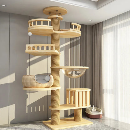 Arbre à chat haut en bois massif avec vasques miroir et niche à lattes