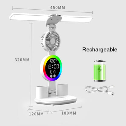 Lampe de Bureau LED Rechargeable – Horloge, Ventilateur & Affichage Intégrés