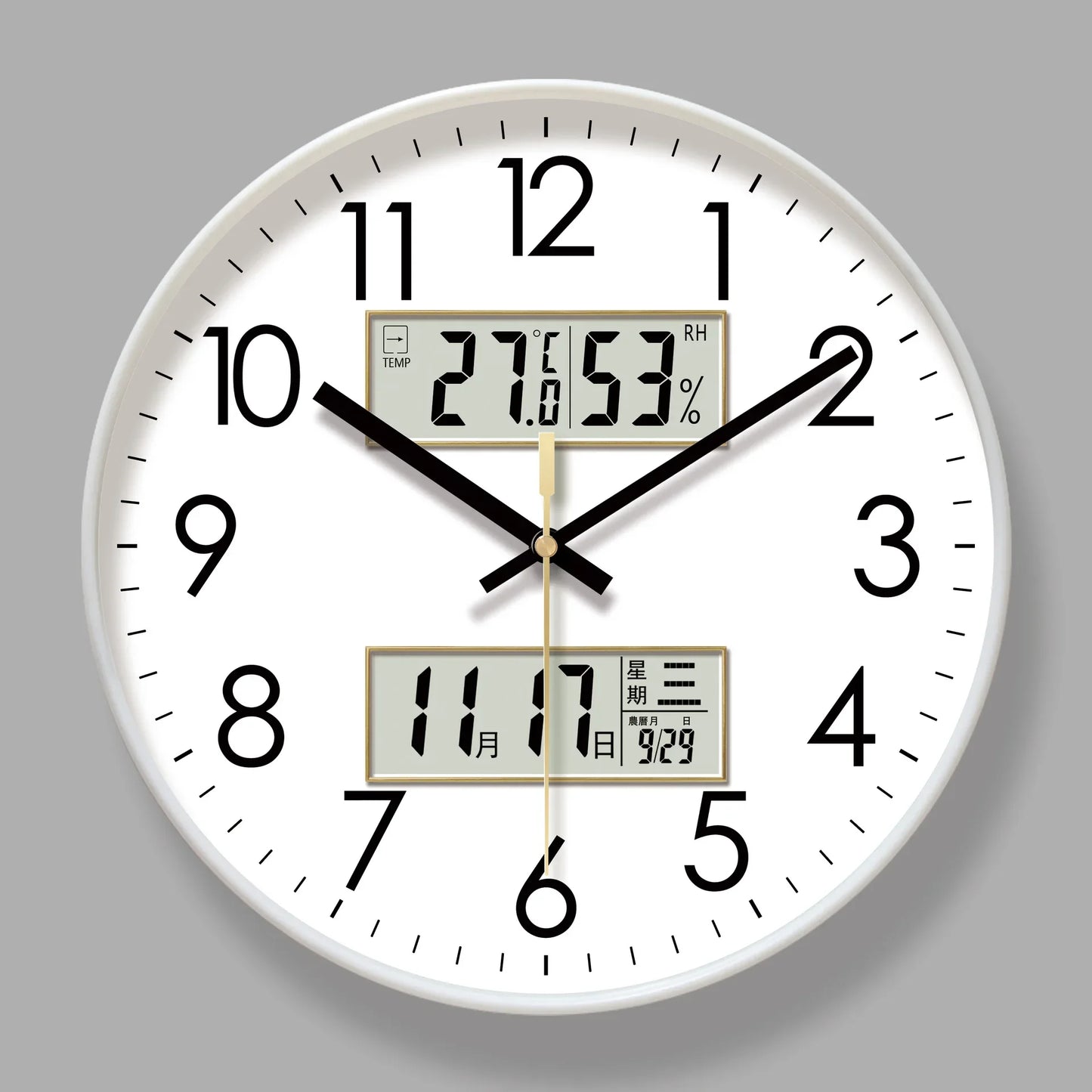 Horloge Murale Moderne – Température, Calendrier & Analogique Silencieuse