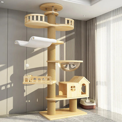 Arbre à chat haut en bois massif avec vasques miroir et niche à lattes