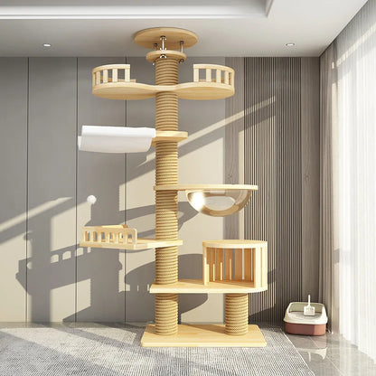 Arbre à chat haut en bois massif avec vasques miroir et niche à lattes