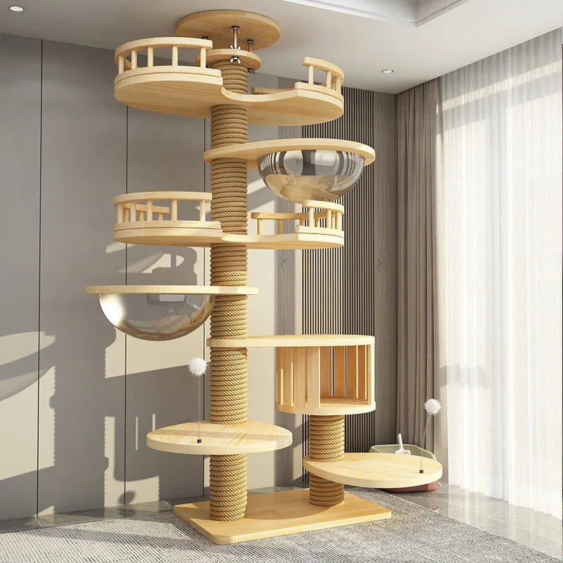 Arbre à chat haut en bois massif avec vasques miroir et niche à lattes