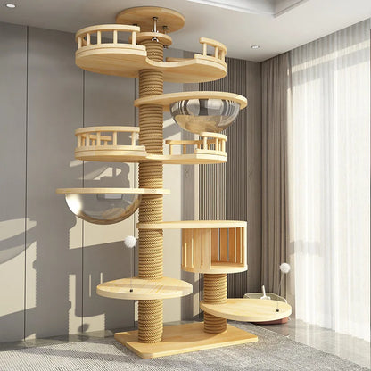 Arbre à chat haut en bois massif avec vasques miroir et niche à lattes