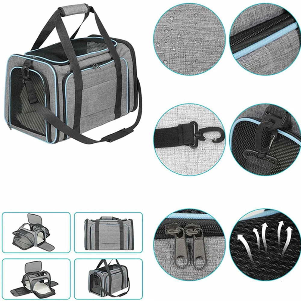 Sac de transport extensible pour chat avec panneaux en filet zippés