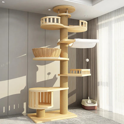 Arbre à chat haut en bois massif avec vasques miroir et niche à lattes