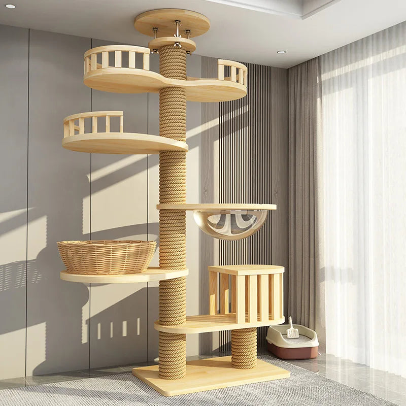 Arbre à chat haut en bois massif avec vasques miroir et niche à lattes