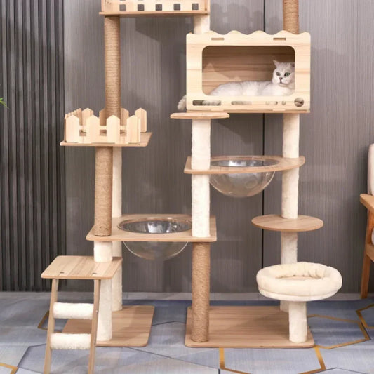 Tour à chat en bois multi-niveaux avec vasques et maisonnette à lattes