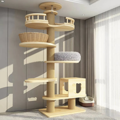 Arbre à chat haut en bois massif avec vasques miroir et niche à lattes