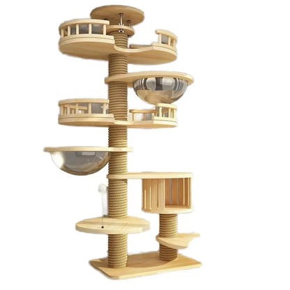 Arbre à chat haut en bois massif avec vasques miroir et niche à lattes
