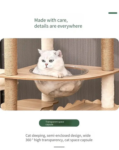 Tour à chat en bois multi-niveaux avec vasques et maisonnette à lattes