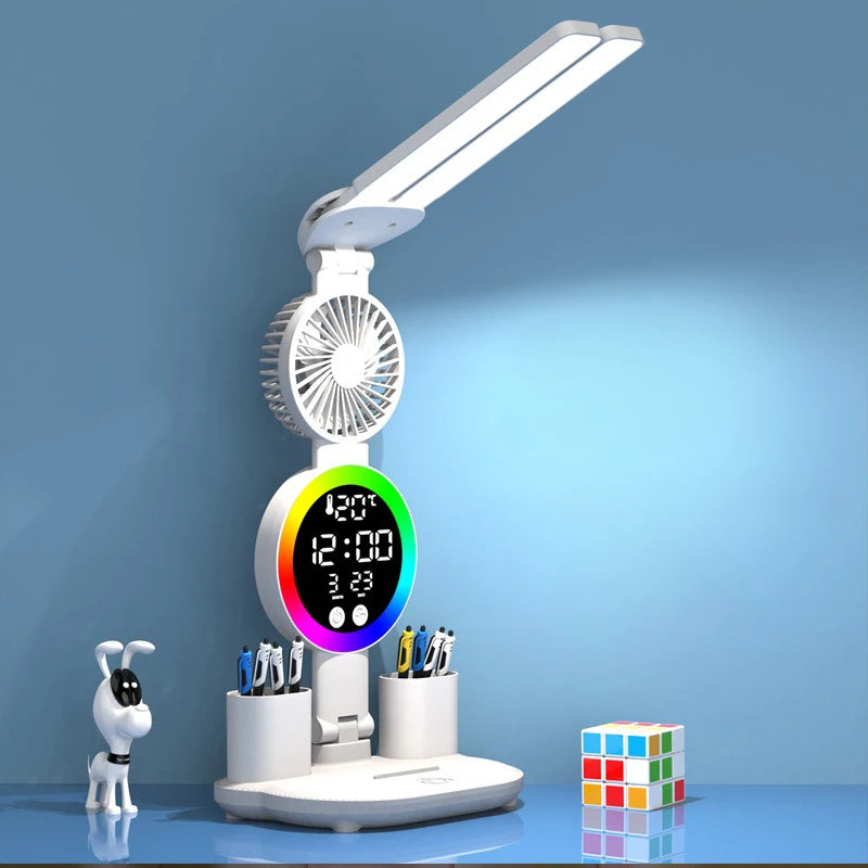 Lampe de Bureau LED Rechargeable – Horloge, Ventilateur & Affichage Intégrés