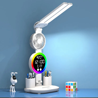Lampe de Bureau LED Rechargeable – Horloge, Ventilateur & Affichage Intégrés