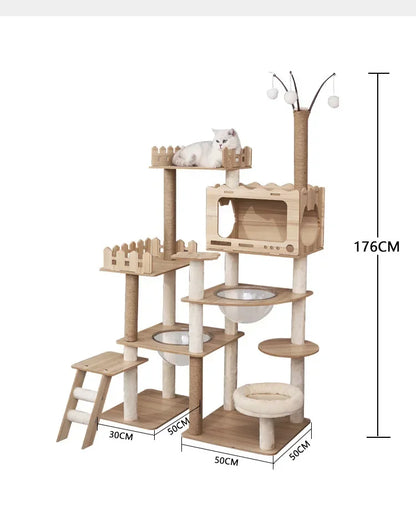 Tour à chat en bois multi-niveaux avec vasques et maisonnette à lattes