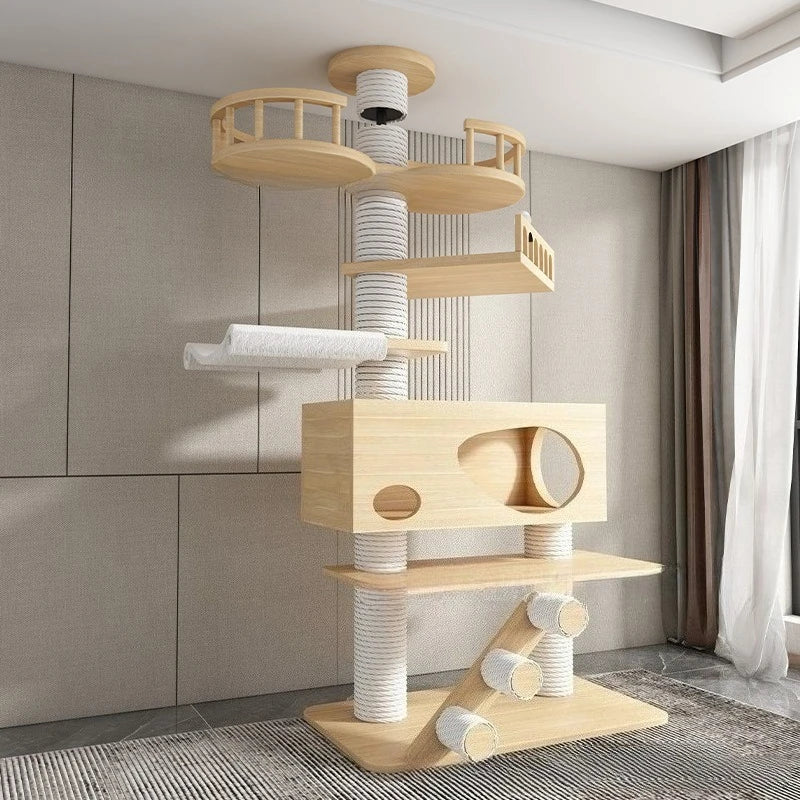 Arbre à chat haut en bois massif avec vasques miroir et niche à lattes