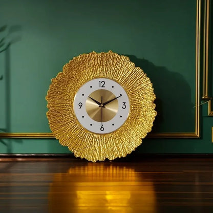 Horloge Murale Luxe Métal Ronde – Design Doré Motif Bois 30,5cm