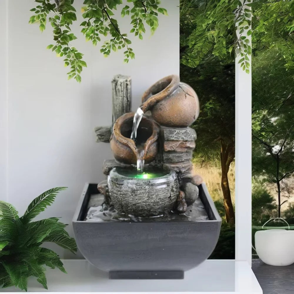 Fontaine Feng Shui Résine – 3 Niveaux Cascade, LED & Pompe Silencieuse