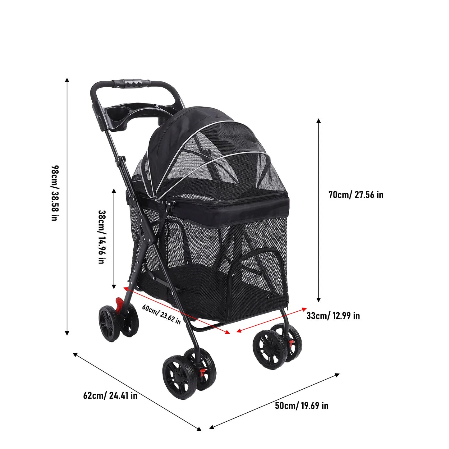 Poussette pour Chien et Chat – Pliage 1 Clic, 4 Roues, Pare-Soleil & Porte-Gobelet