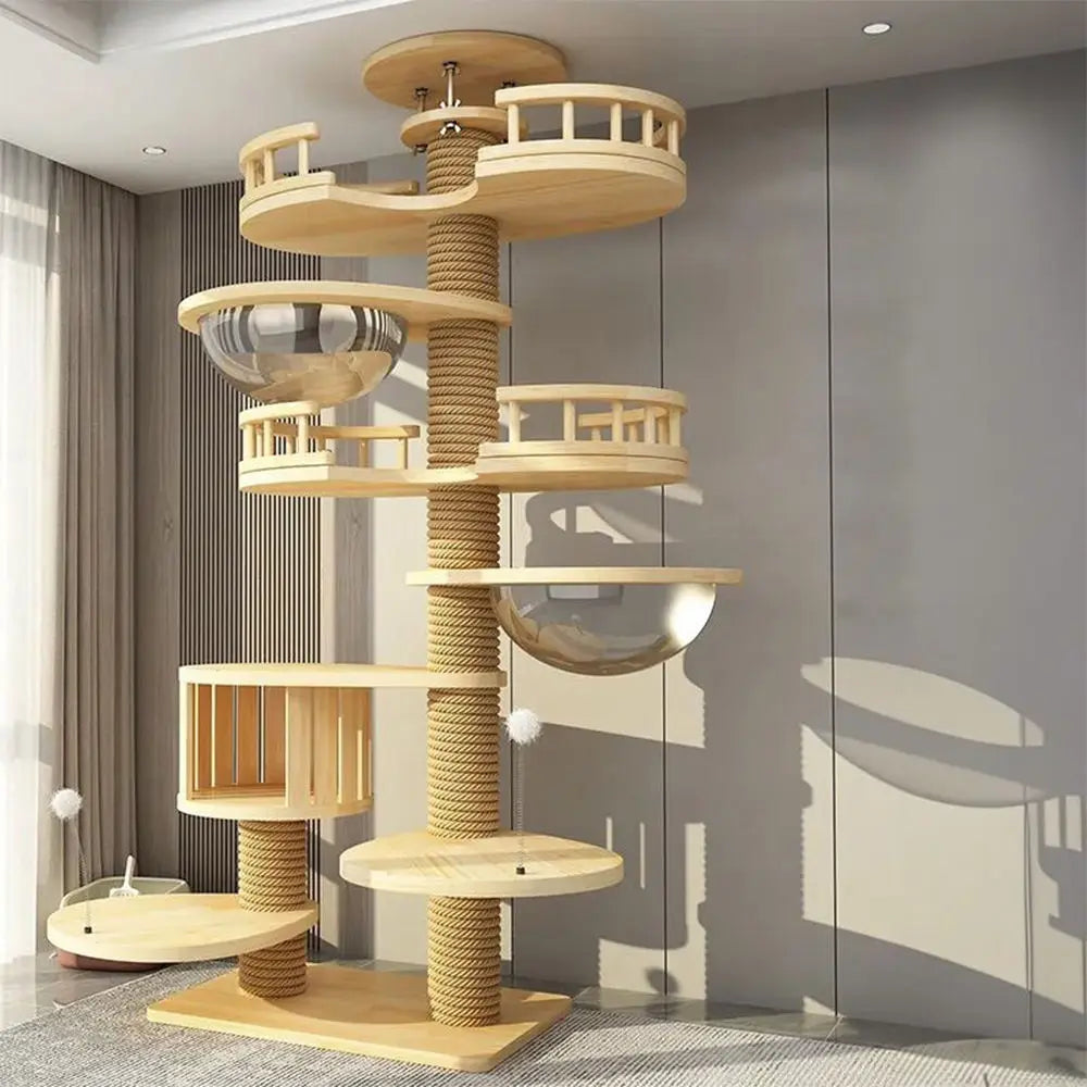Arbre à chat haut en bois massif avec vasques miroir et niche à lattes