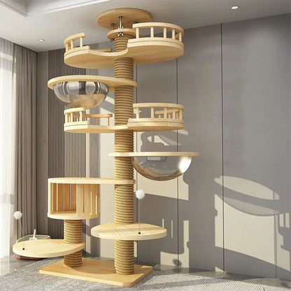 Arbre à chat haut en bois massif avec vasques miroir et niche à lattes