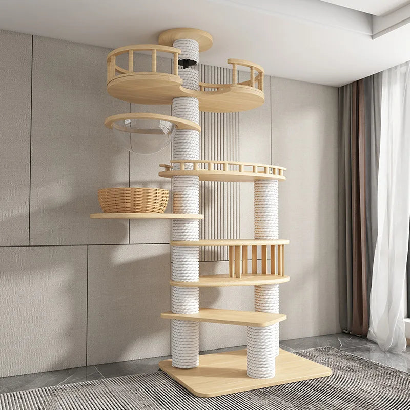 Arbre à chat haut en bois massif avec vasques miroir et niche à lattes