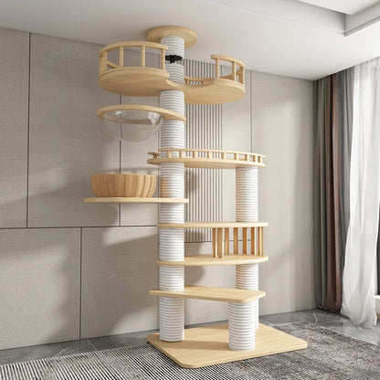 Arbre à chat haut en bois massif avec vasques miroir et niche à lattes