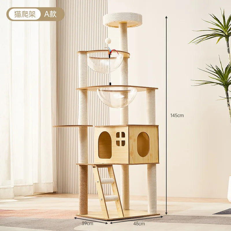 Arbre à chat en bois avec capsules transparentes et maisonnette cubique